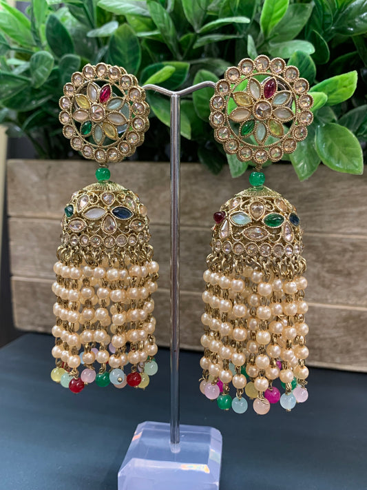 Mohua polki statement jhumki earring antique polki/ white pearl / multi