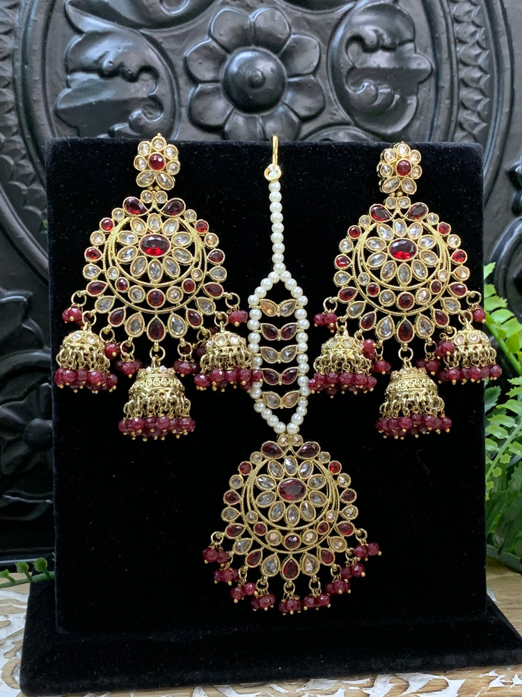 Kiana polki triple jhumki Chandbali style earring with matching tikka maroon red burgundy