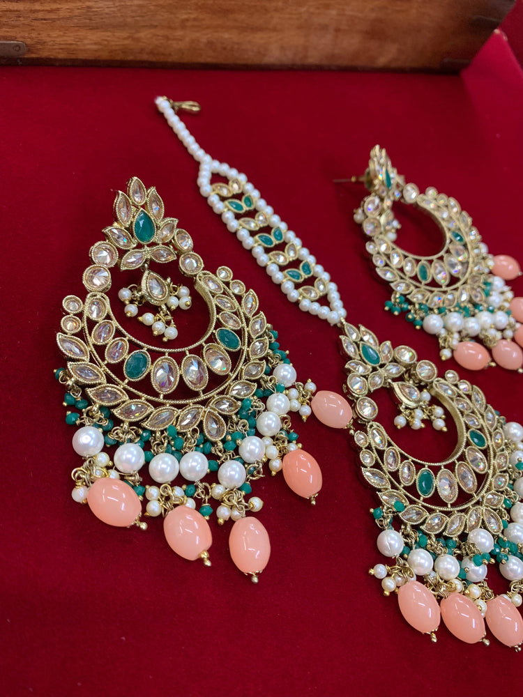 Ramsey reverse polki chandbali earring Tikka green/nude peach