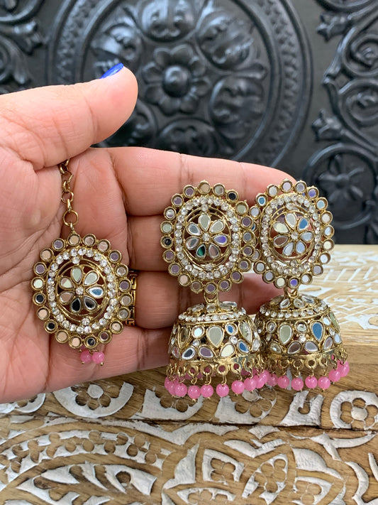 Kate mirror jhumki tikka antique gold and onion pink