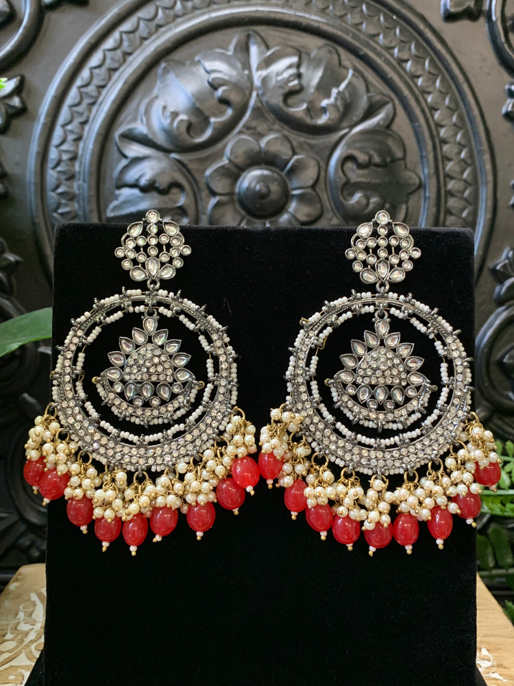 Laila Chandbali fashion statement earring gold base,red drops