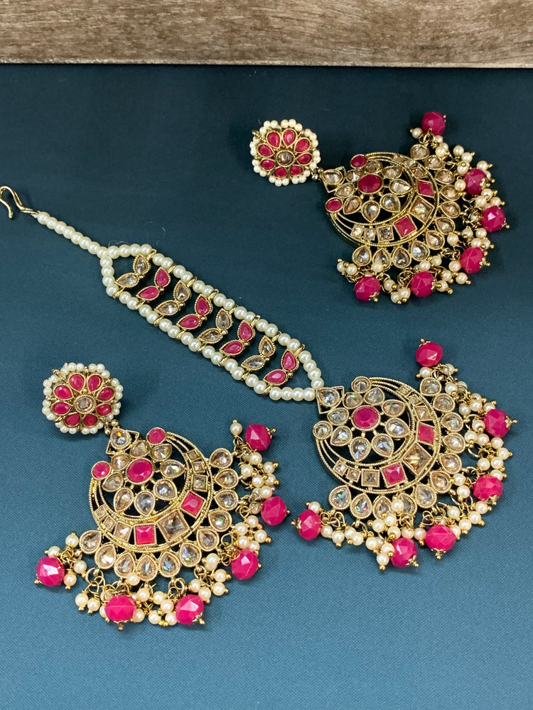 Aarti tikka set polki earring tikka magenta pink