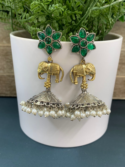 Usher dual tone oxi /gold plated jhumki/ jhumka earring emerald green