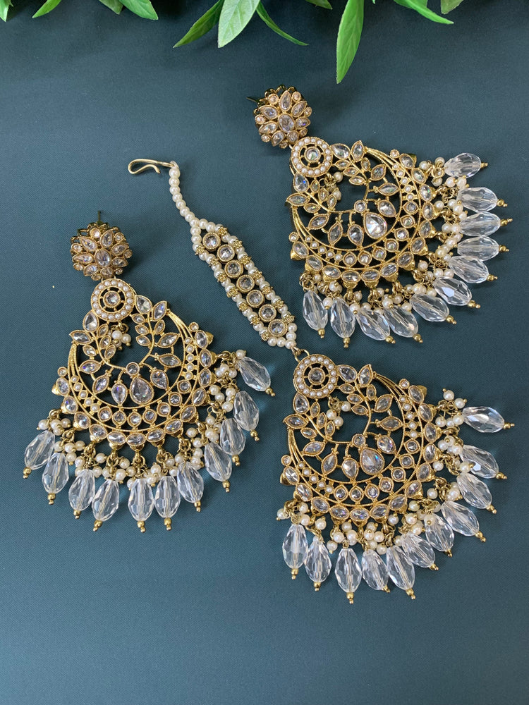 Bulbul polki statement earring tikka set antique gold/white crystal