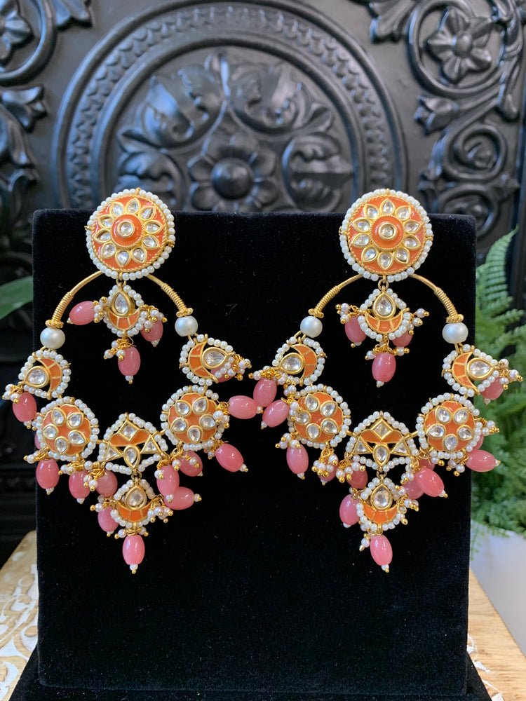 Sharaya Kundan statement earring coral orange