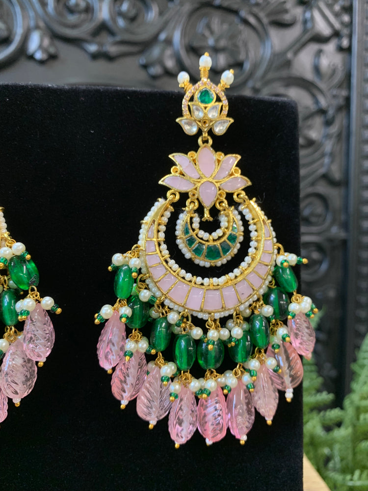 Shanti Pachi kundan earring in pastel pink and emerald green