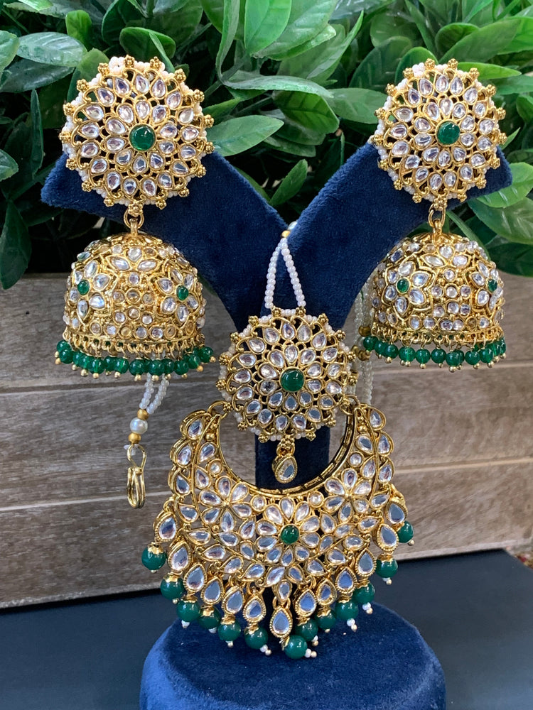 Zia traditional kundan jhumki with sahare and matching oversized tikka gold/emerald green