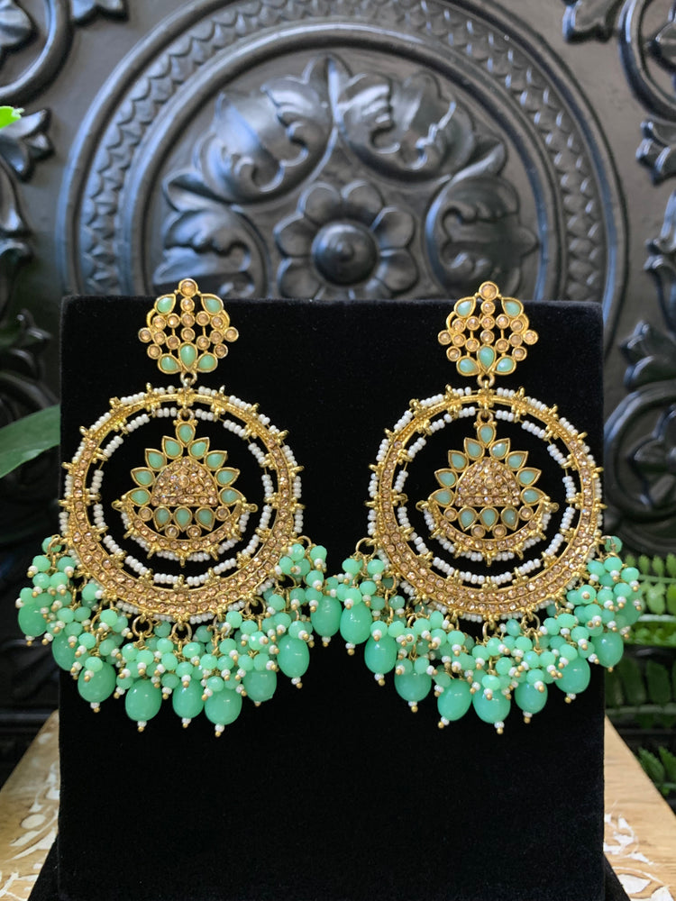 Laila Chandbali fashion statement earring antique base, mint drops