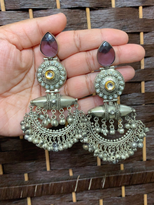 Lindsey black metal oxi earring with monalisa stone work egg plant purple