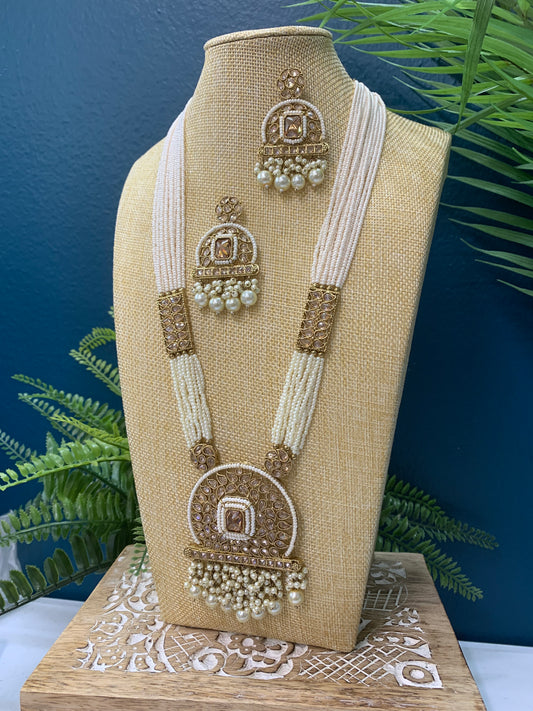 Sanju polki long mala set antiqu polki white pearl