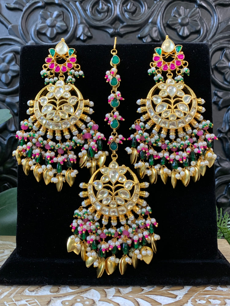 Ajra Pachi kundan earring tikka multi