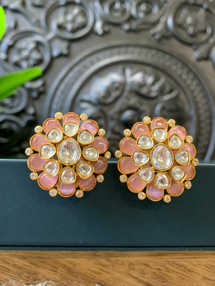 Premium moissanite kundan stud earring pink