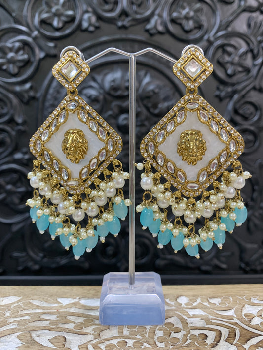 Amaya statement sabyasachi fashion earring tiger detail light blue / baby blue / pastel blue