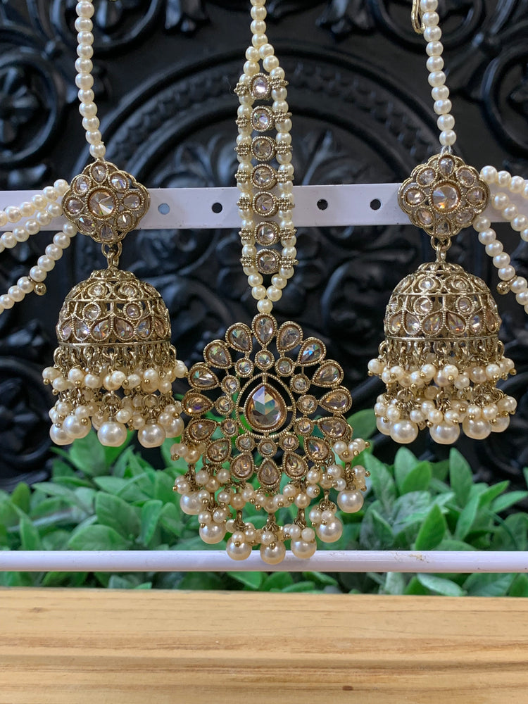 Shana triple layer bahubali sahare jhumki ear chain and matching tikka antique gold / pearl