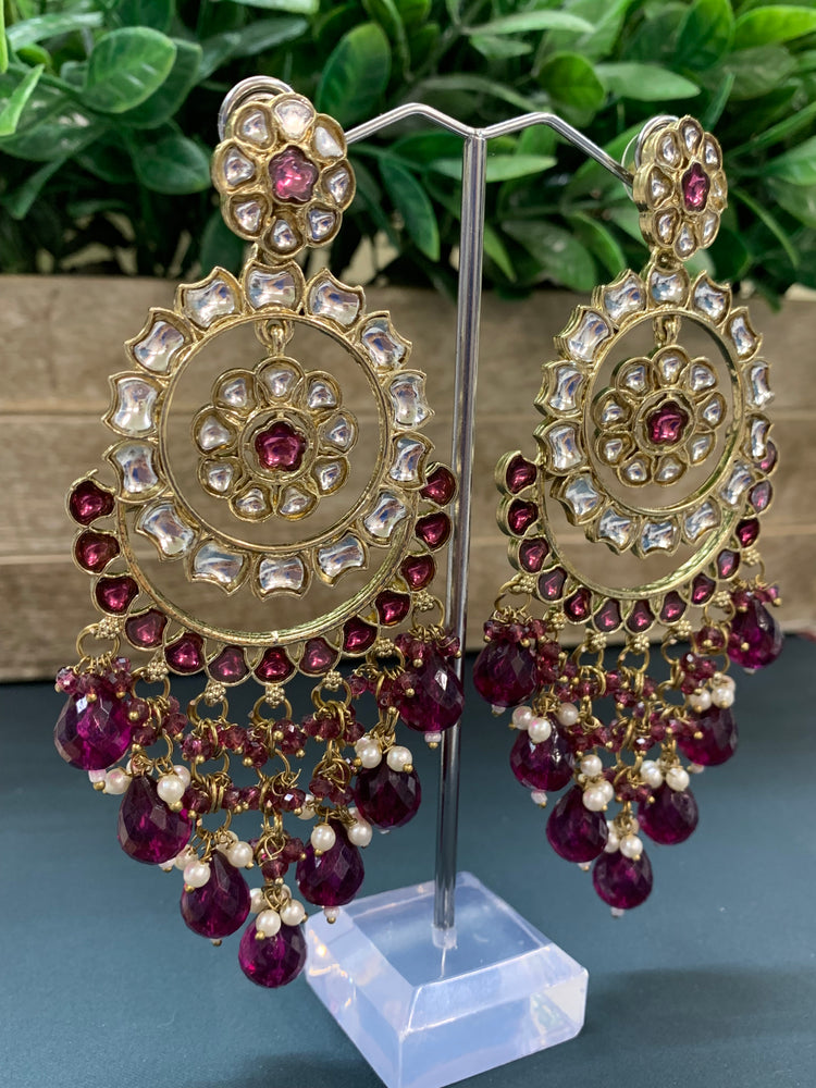 Barnavi Kundan earring wine red crystal drops