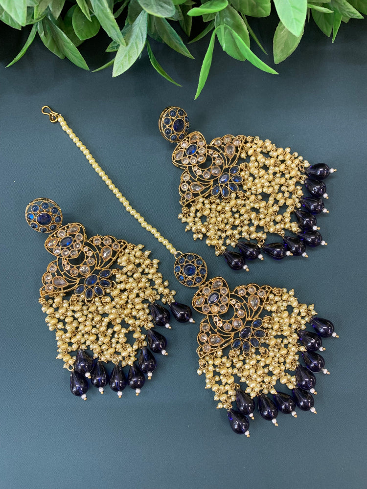 Cara statement polki earring tikka set pearl details and navy blue