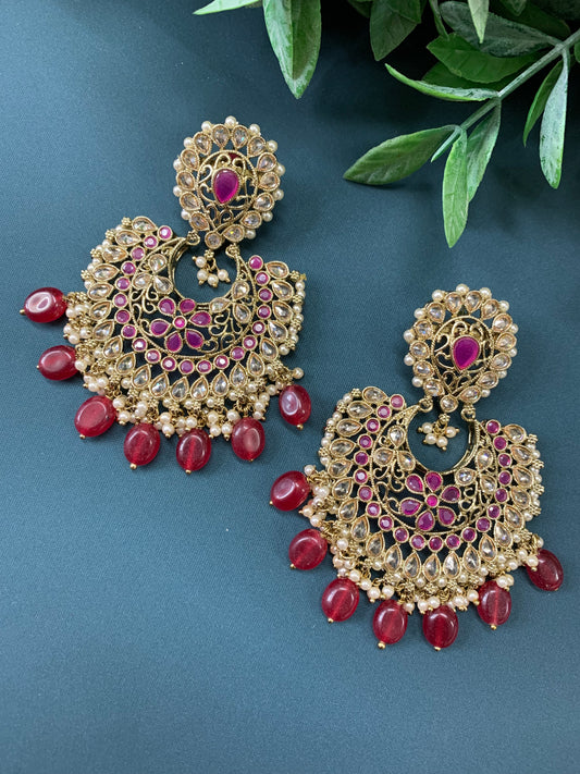 Haya polki Chandbali earring antique polki/ burgundy red maroon