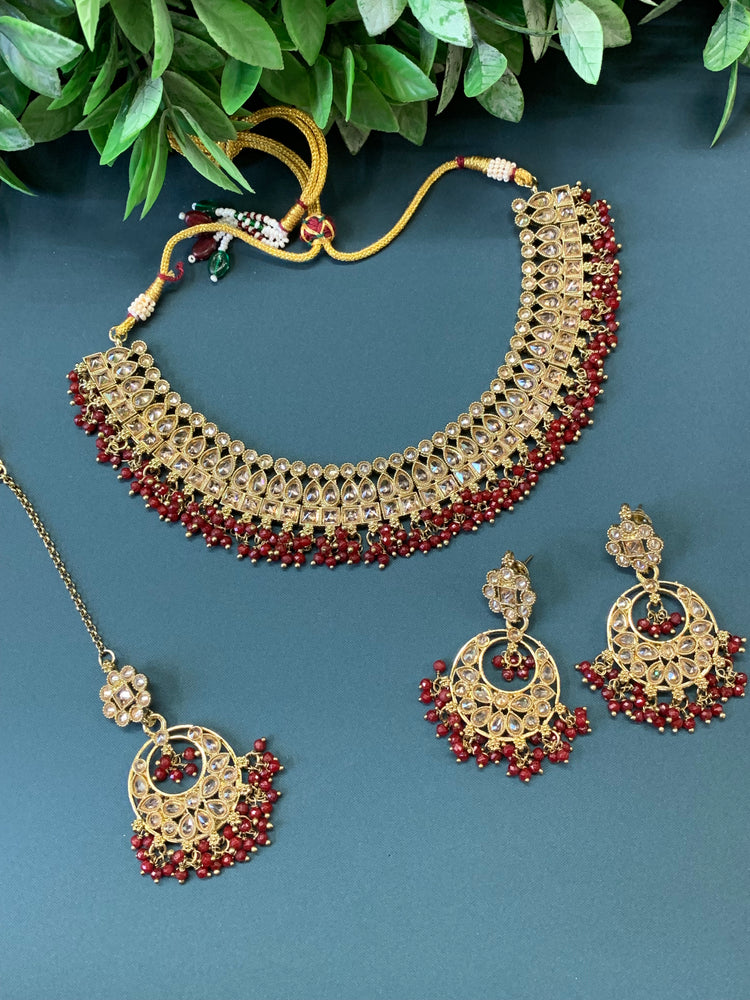 Rashmeet polki necklace with matching earring tikka antique gold red maroon burgundy