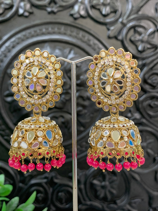 Kate mirror jhumki tikka antique gold and magenta pink