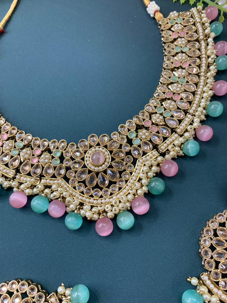 Boruna polki necklace with chandbali in pastel multi