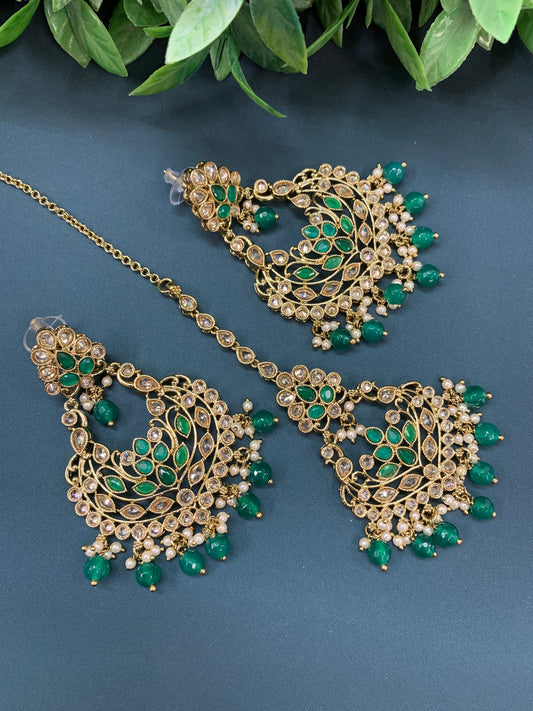 Raina reverse polki earring tikka set with pearl and emerald green glass drop