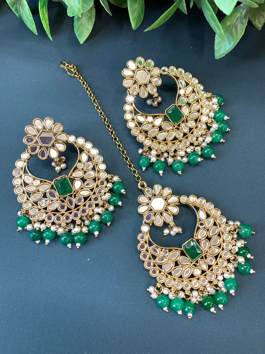 Judy chandbali mirror Tikka set emerald green