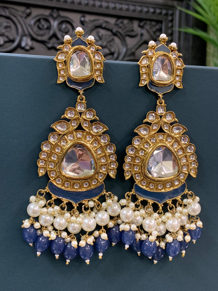 Kim kundan statement fashion earring denim blue