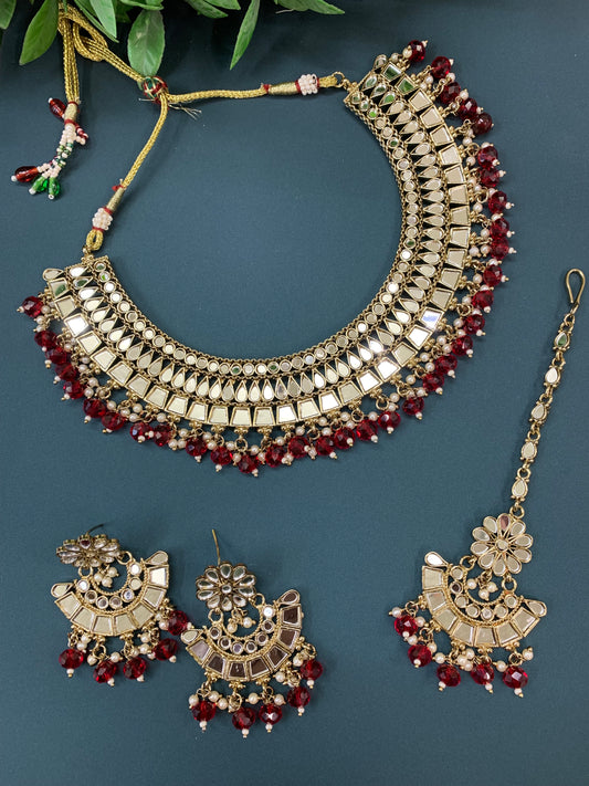 Shreya mirror necklace set with matching Chandbali antique cherry red