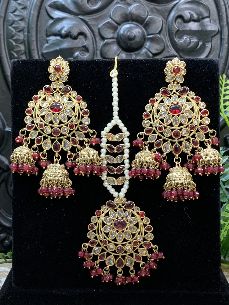 Kiana polki triple jhumki Chandbali style earring with matching tikka maroon red burgundy