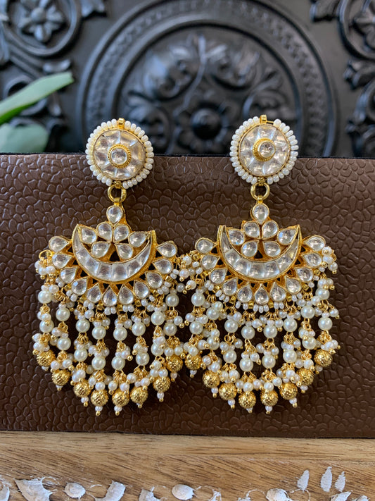 Leslie pachi Kundan chandbali earring small to medium size gold and pearl