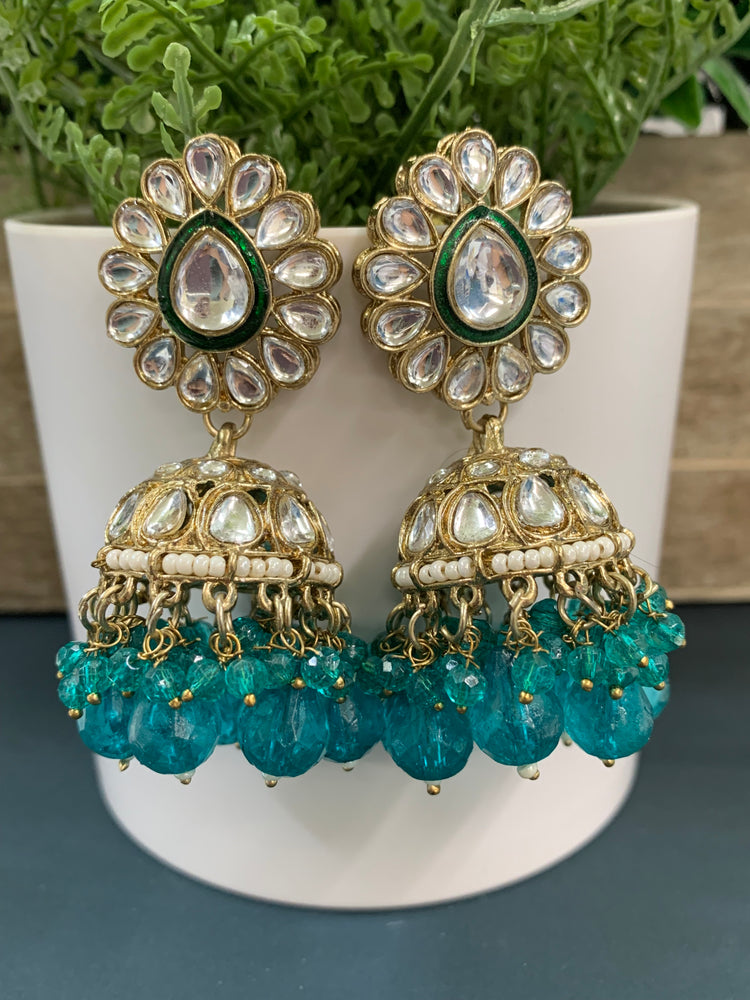 Saniya kundan jhumki/ jhumka earring teal green