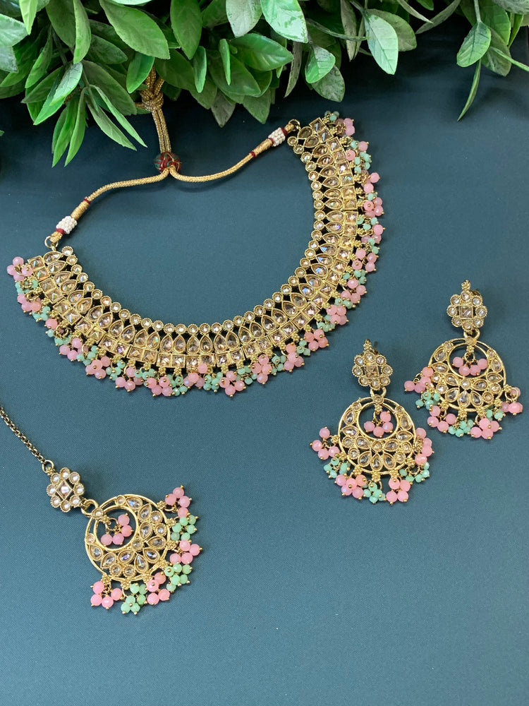 Rashmeet polki necklace with matching earring tikka antique gold pastel multi