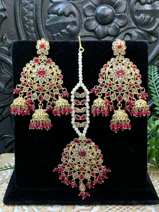 Kiana polki triple jhumki Chandbali style earring with matching tikka cherry red