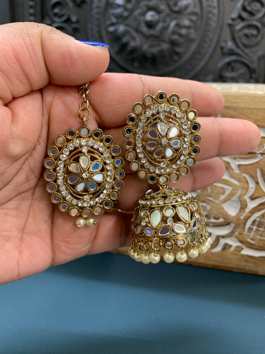 Kate mirror jhumki tikka antique gold and pearl