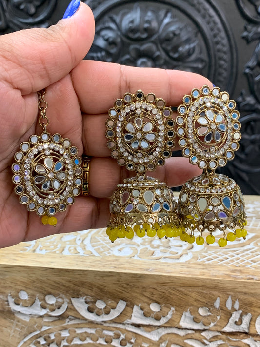 Kate mirror jhumki tikka antique gold and pastel yellow