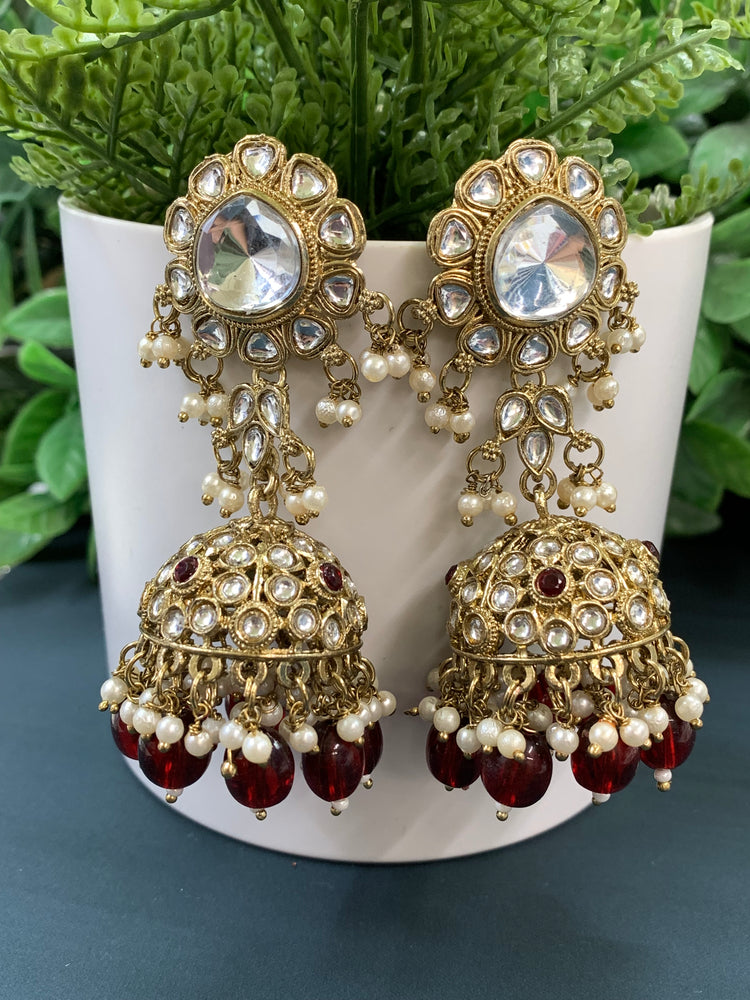 Mohini kundan jhumki/ jhumka earring maroon / burgundy