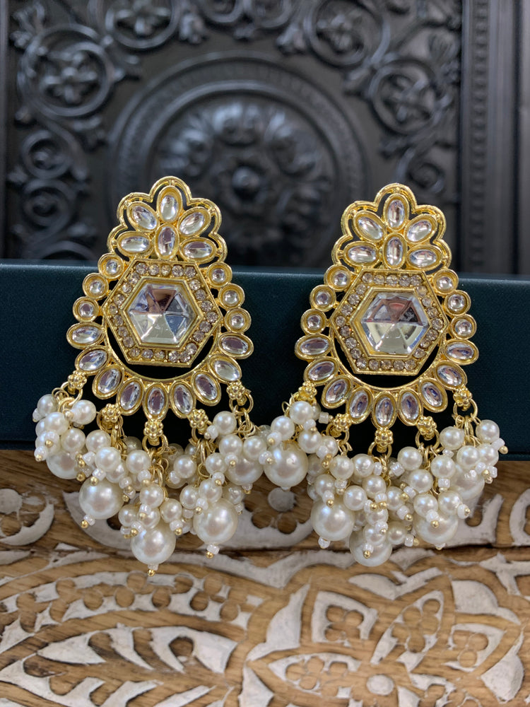 Jill gold kundan stud earring with crystal drops white pearl gold