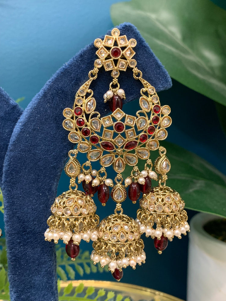 Naina polki triple jhumki earring in Maroon red/ burgundy