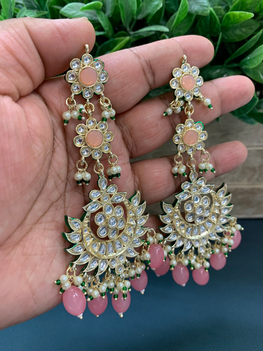 Aru kundan long statement earring grapfruit pink