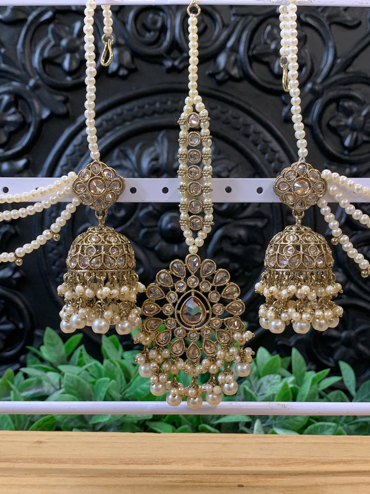 Shana triple layer bahubali sahare jhumki ear chain and matching tikka antique gold / pearl