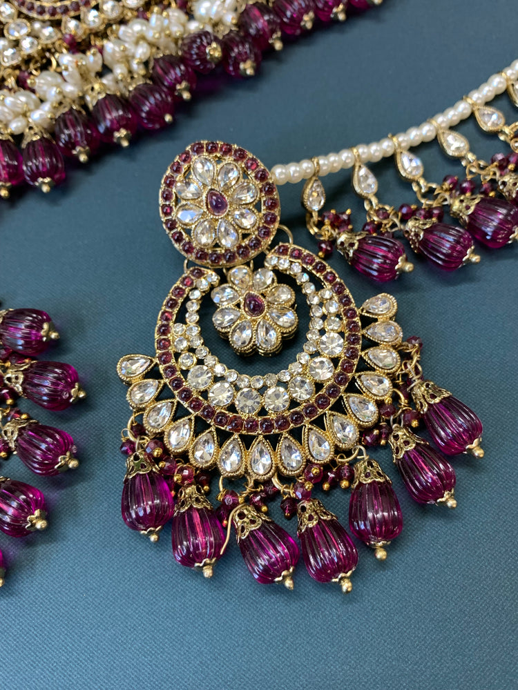 Razia choker necklace set with jhumar purple