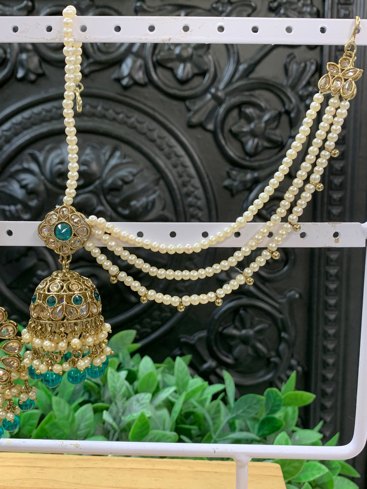 Shana triple layer bahubali sahare jhumki ear chain and matching tikka antique gold /peacock green