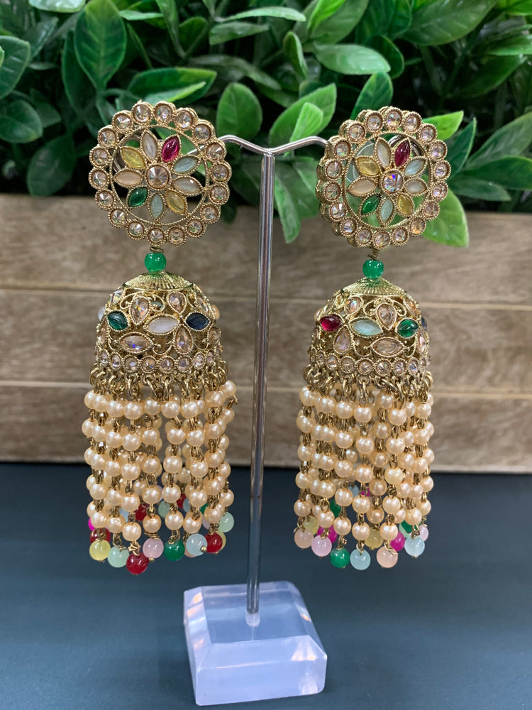 Mohua polki statement jhumki earring antique polki/ white pearl / multi