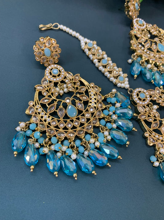 Bulbul polki statement earring tikka set antique gold/ crystal light blue