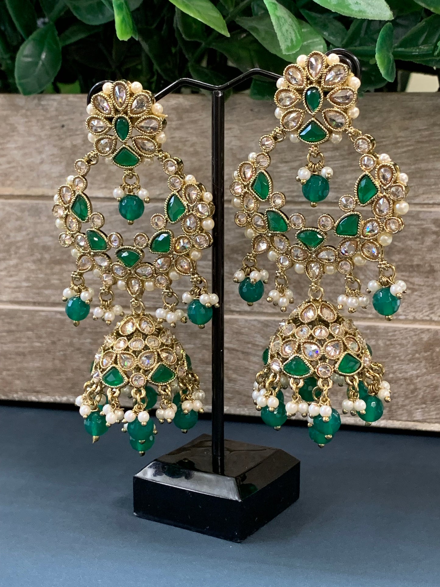 Hadia polki jhumki earring antique polk/ gold / emerald green