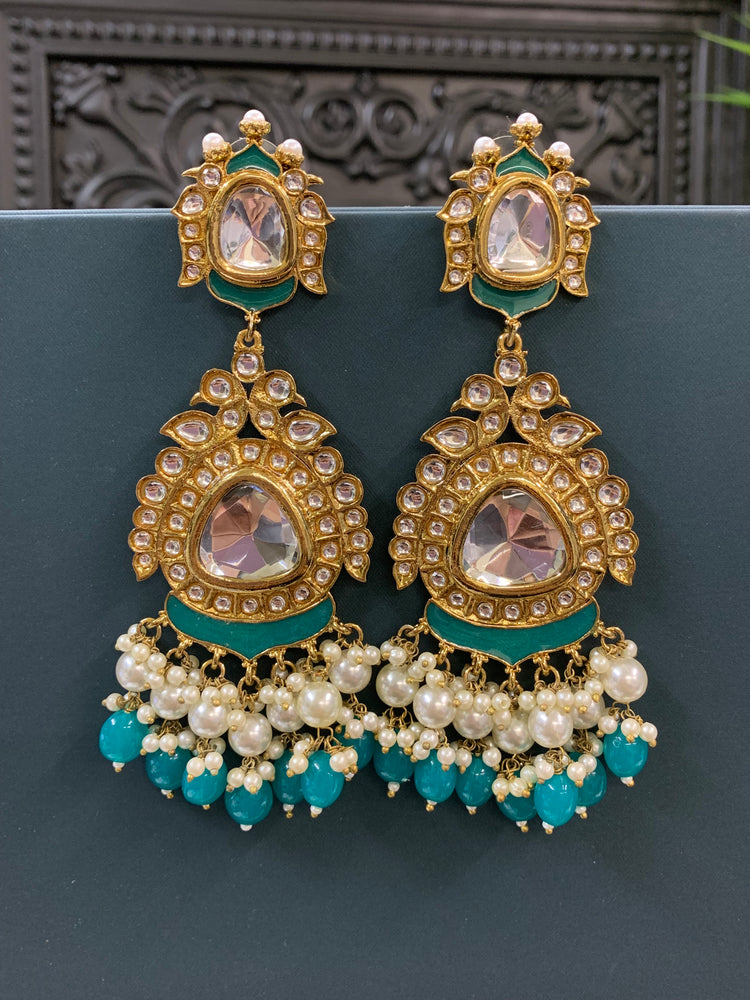 Kim kundan statement fashion earring teal green