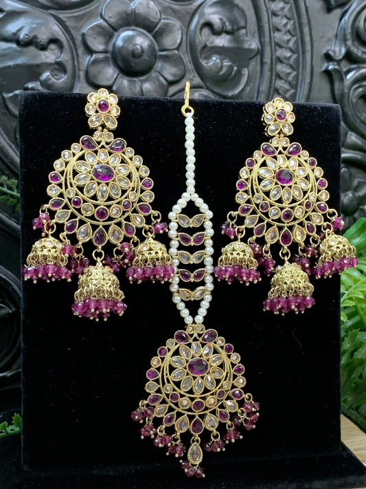 Kiana polki triple jhumki Chandbali style earring with matching tikka purple