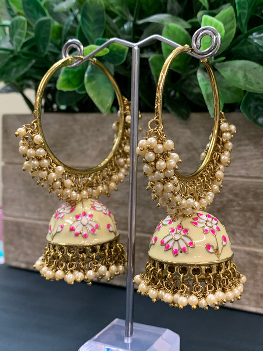 Blossom hoop Bali jhumki with pearl eggshell white