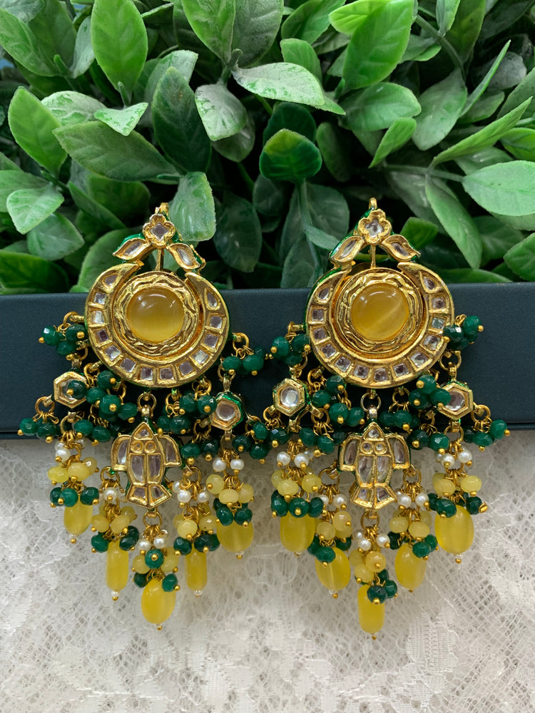 Nissar Kundan chandbali earring lemon yellow