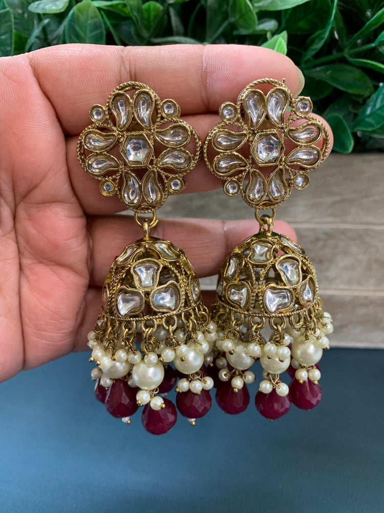 Dia kundan jhumki/ jhumka earring maroon / burgundy